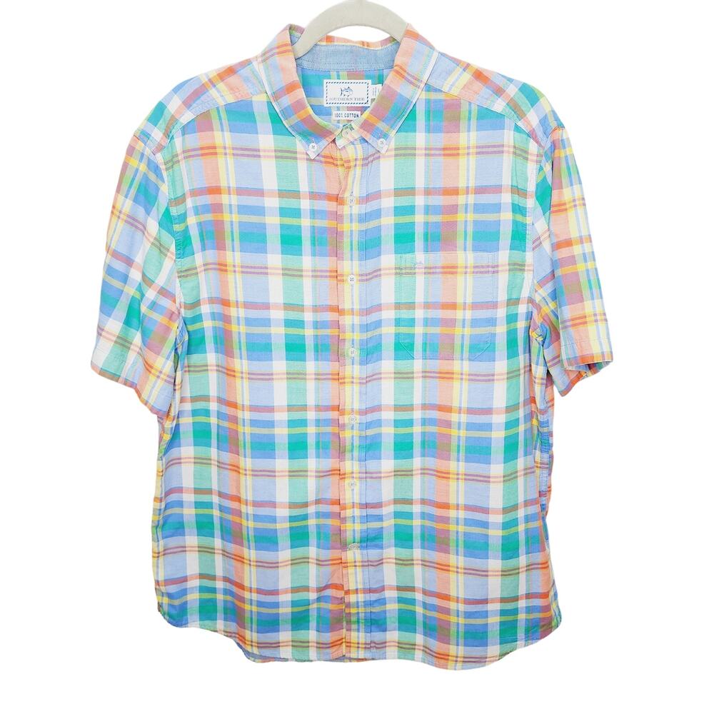 Southern Tide Men's Large Plaid Button Down Shirt Short Sleeve Coastal Preppy